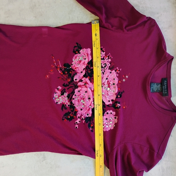 Vintage Express Top Womens Small Burgundy Y2K Floral Rhinestone Sheer Mesh - Picture 10 of 11